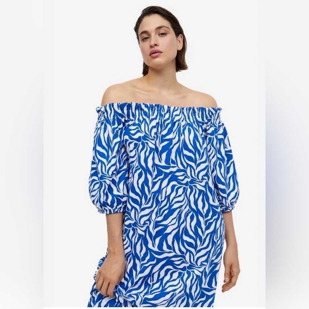 H&M Bright Blue Patterned Off-the-Shoulder Midi Dress - Size M